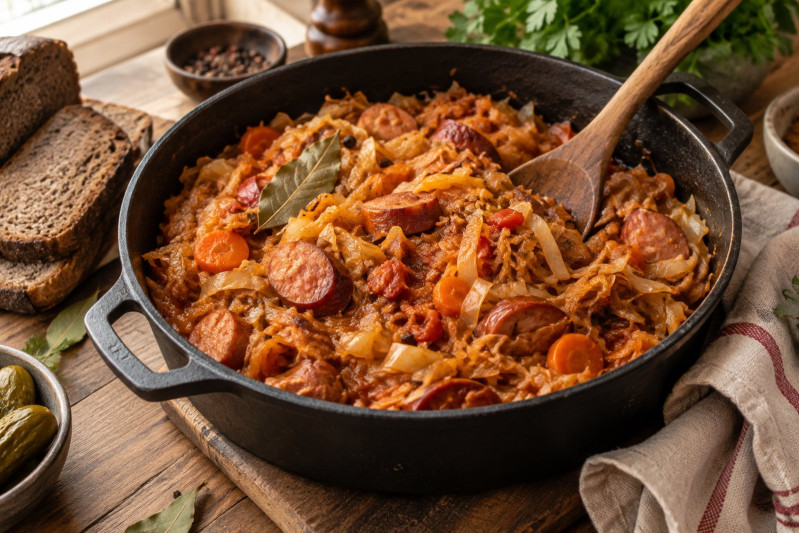 Тушкована капуста з сосисками (бігос)