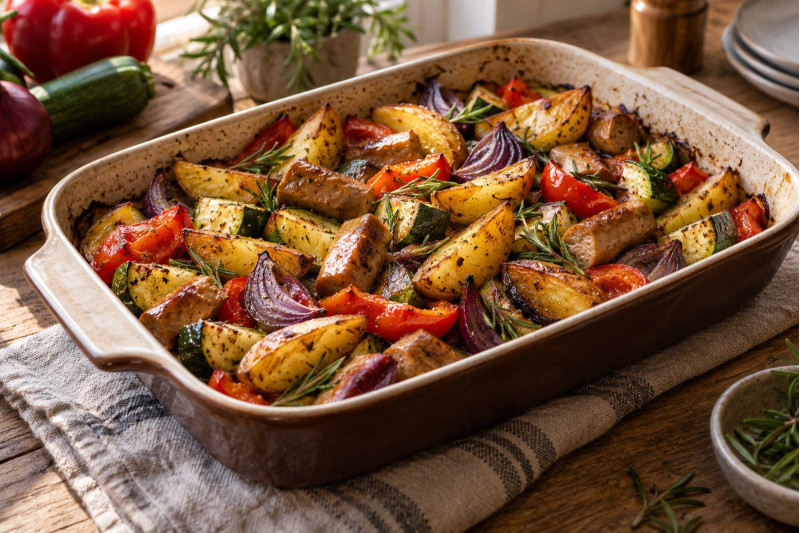 Картопля з сосисками й овочами в духовці