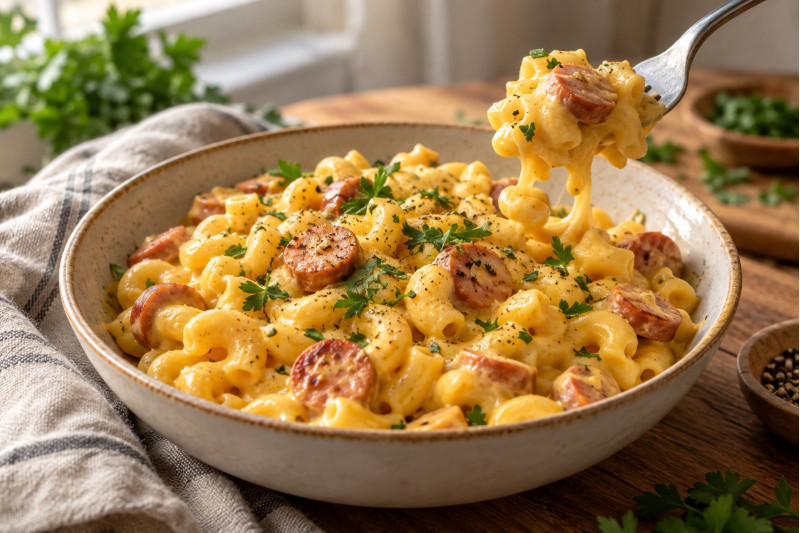 Макарони з сосисками і сирним соусом