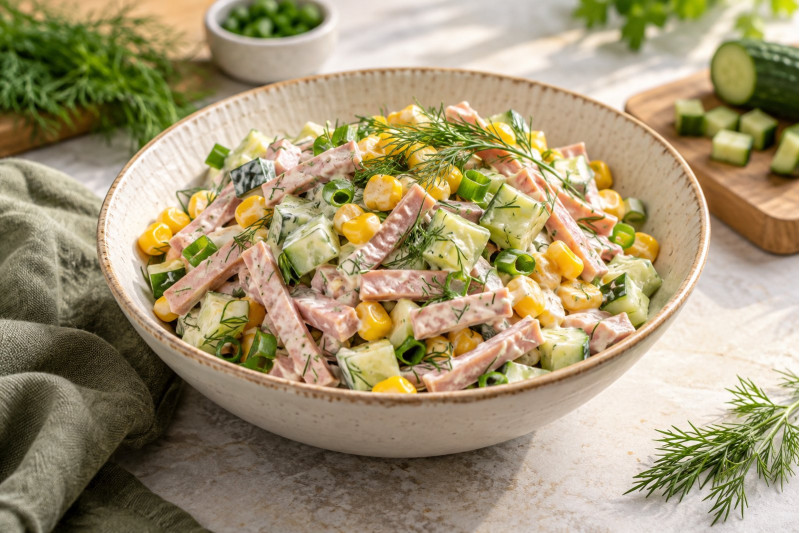 Салат з копченою шинкою, кукурудзою й огірком