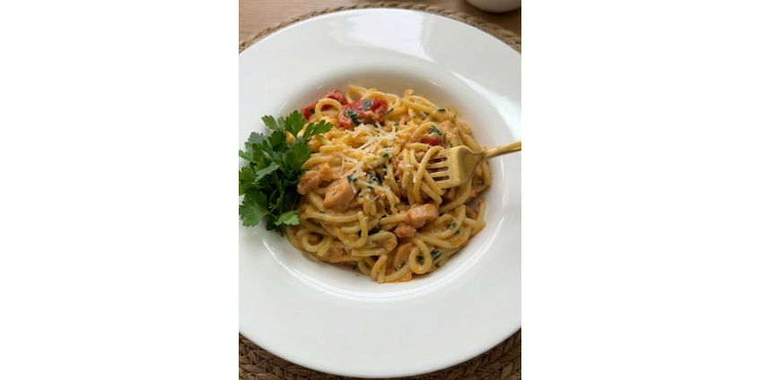 Паста в томатно-вершковому соусі з веганськими сосисками